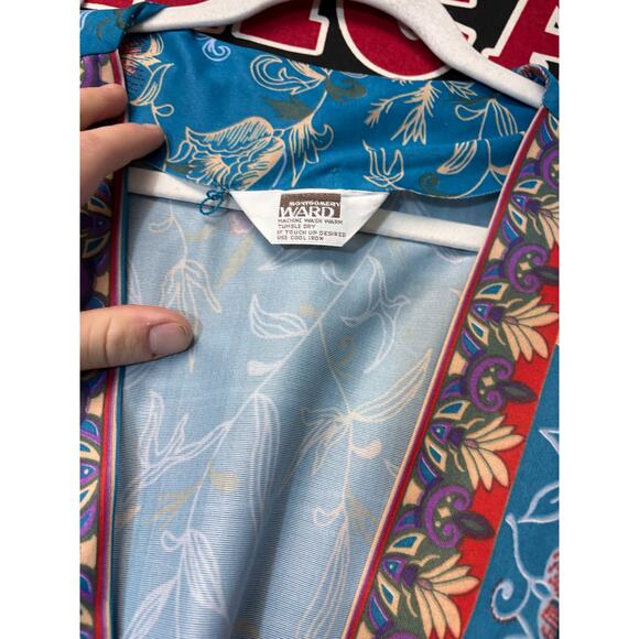 VINTAGE 70s Montgomery Ward Wrap Dress Womens Blue Floral Tie Waist Boho Medium - Picture 8 of 8